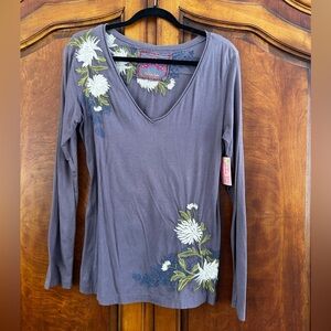 NEW NWT Johnny Was Gray Floral Embroidered Long Sleeve Top Size Large L